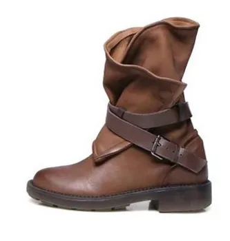 

Square Heel Ankle Leisure Concise Women Boots Round Toe Low Slip-On Vintage Boots Buckle Shallow Solid Winter Shoes