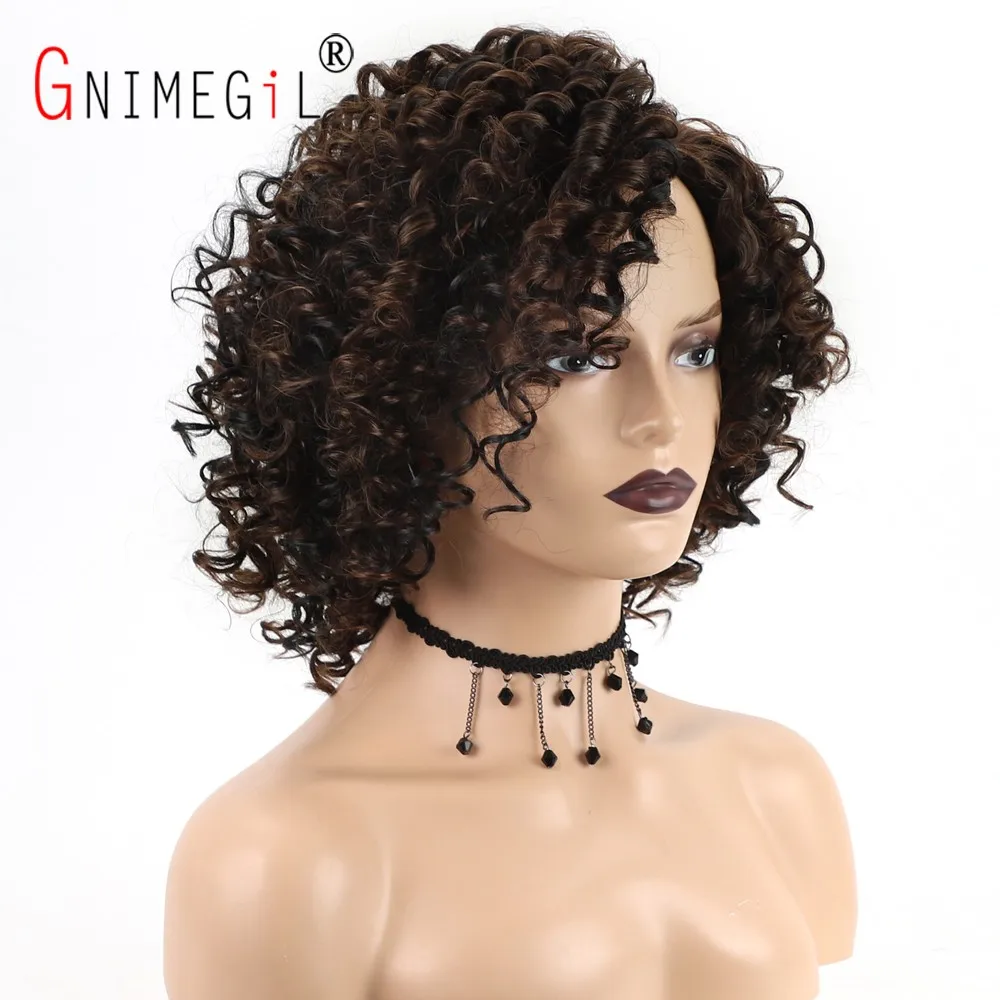 GNIMEGIL Female Afro Kinky Curly Wig Synthetic Fiber Colly Curls Wigs for Black Women Fashion Dark Brown Hair Replacement Wig