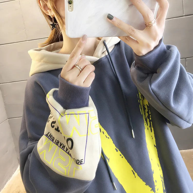 Зимние толстовки, Женская толстовка, Harajuku, теплый пуловер с капюшоном, топы, повседневные, корейские, свободные, спортивный костюм, толстовки, свитер