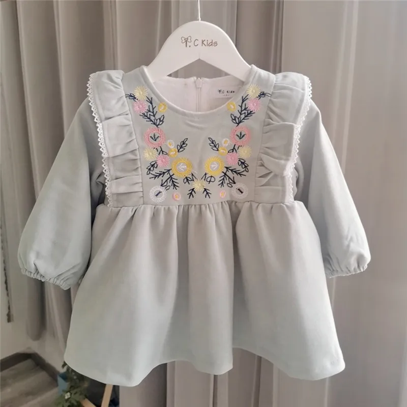 

winter girls dress long sleeve embroidered floral pattern velvet lining thick warm kids dresses