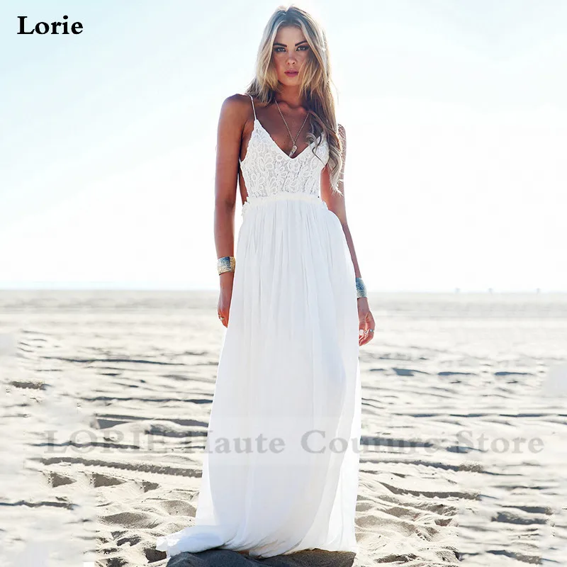 LORIE Boho Trouwjurk Spaghetti Band EEN Lijn Chiffon Lange Backless Beach Wedding Gown Applicaties Lace Top Bruid Jurk 2020