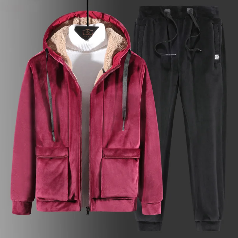 Tracksuits Men Jacket Velvet Pants Sportswear Hooded-Set Two-Pieces-Sets Winter New Thick