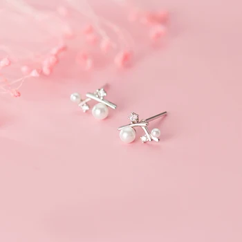 

MloveAcc Genuine 925 Sterling Silver Branches CZ Synthetic Pearls Stud Earrings for Women Lady Silver 925 Jewelry Gift