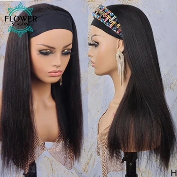 

Headband Human Hair Wigs Light Yaki Straight Wig 150 Density Remy Brazilian Full Machine Made Wig For Black Women FlowerSeason