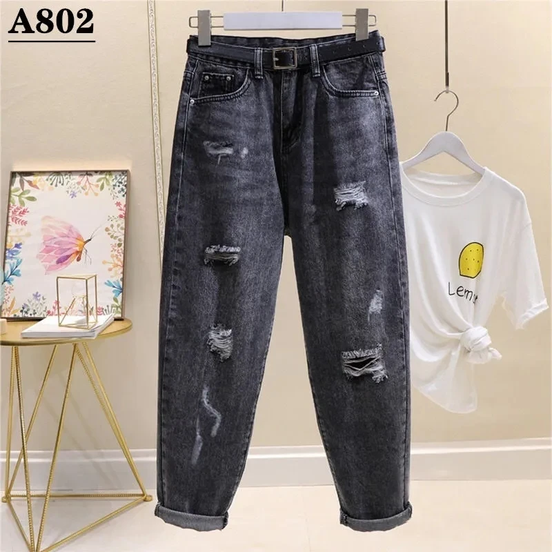 Smoky Gray Ripped Jeans Female 2021 Hong Kong Style New High-Waisted Radish Pants Korean Version Of Loose Harlan Daddy Pants C15 denim daddy pants women s spring and summer 2021 new straight loose radish pants high waist thinner harlan pants