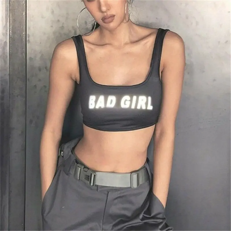 Для женщин Летняя майка топ с принтом букв спортивный Фитнес u-образным вырезом без рукавов; Верхняя одежда; 3 м отражение укороченный топ