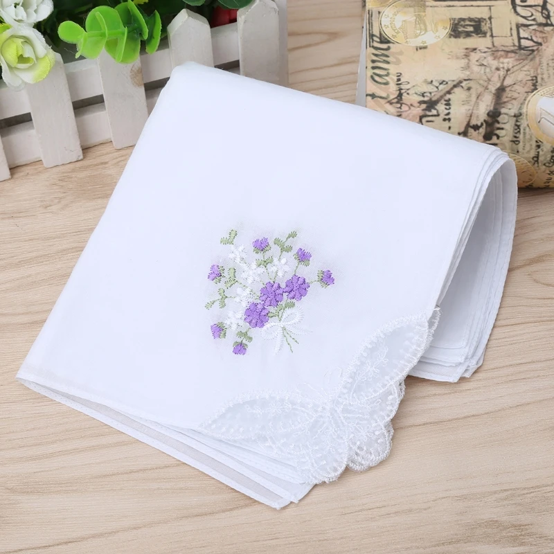 6 Pcs/set Vintage Cotton Ladies Embroidered Lace Handkerchief Women Floral Hanky Random delivery