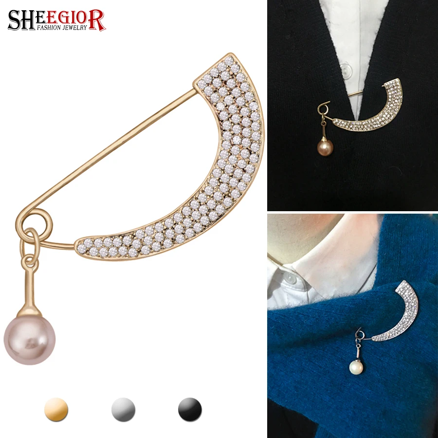 

Shawl Button Pin Rhinestone Arc Brooches for Women Accessories Pearl Crescent Brooch Pins Metal Men Badge Luxury Fashion Jewelry
