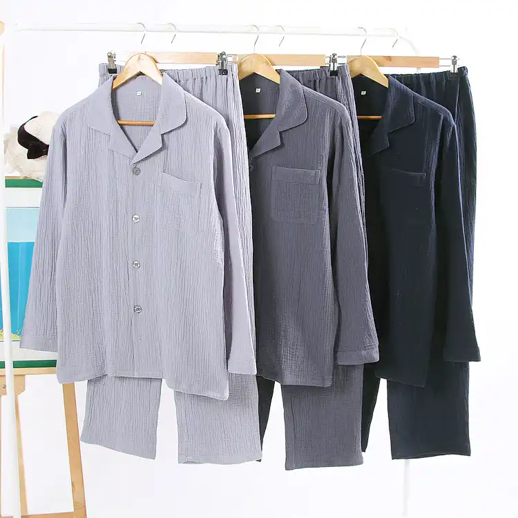 جديد رجالي مزدوج كريب الشاش بيجامة مجموعة الصلبة القطن طويل قميص النوم كم طويل ثوب النوم الرجال بيجامات حجم كبير ملابس خاصة