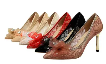 

Women pumps Sweet Floral Slip-on Spring Autumn Shoes Soft Mesh Lace leather Shallow Fashion Gold High heels Office shoes woman