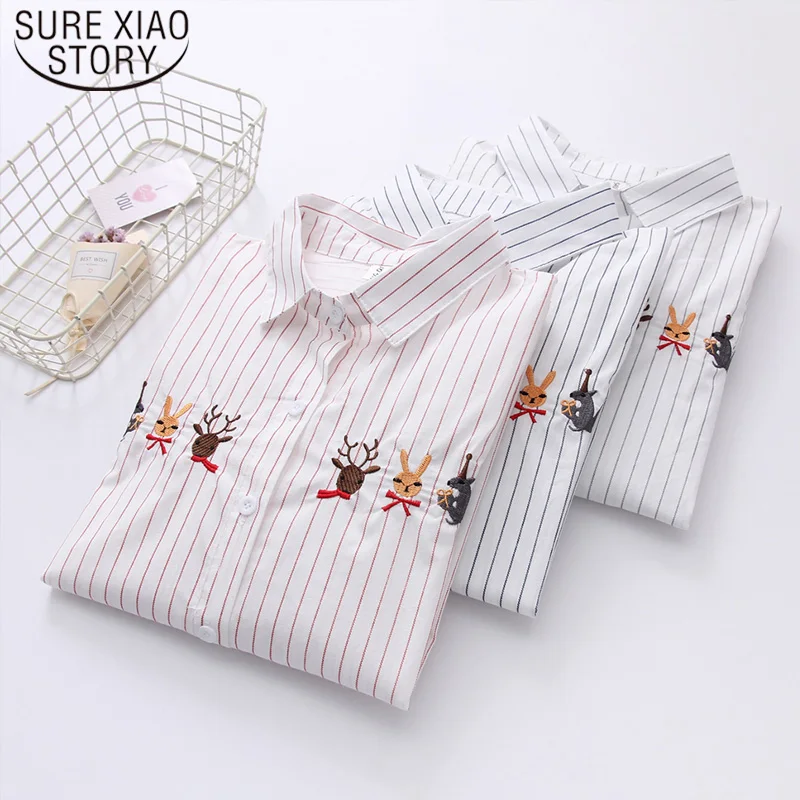  Spring Autumn Blusas Mujer De Moda 2019 New Embroidery Stripe Long Sleeve Women Shirts Cotton Sweet