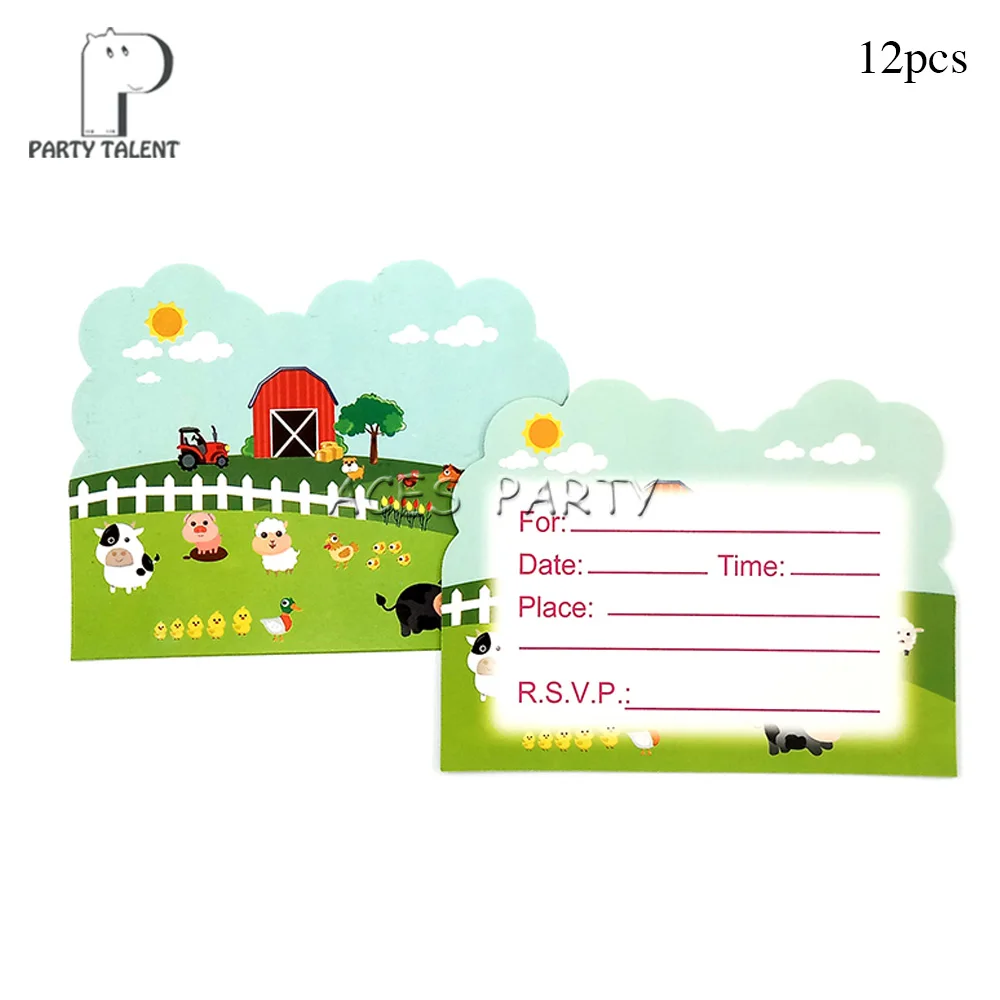Boys Kids Farm Animal theme table cloth table cover, birthday party Tableware Balloon Candy Box Flag Plate Cup Party Supplies - Цвет: 12pcs invitationcard