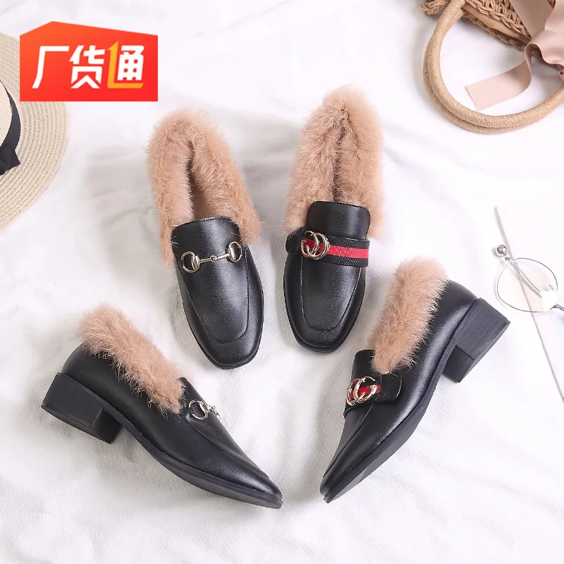 

Fluffy Shoes Women's 2018 Autumn And Winter New Style Korean-style round-Toe Chunky Heel Flat Metal Rabbit Fur Women's Outer Wea