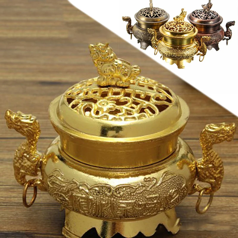 Chinese Dragon Cover Incense Burner Metal Aromatherapy Censer Cone Holder Decor