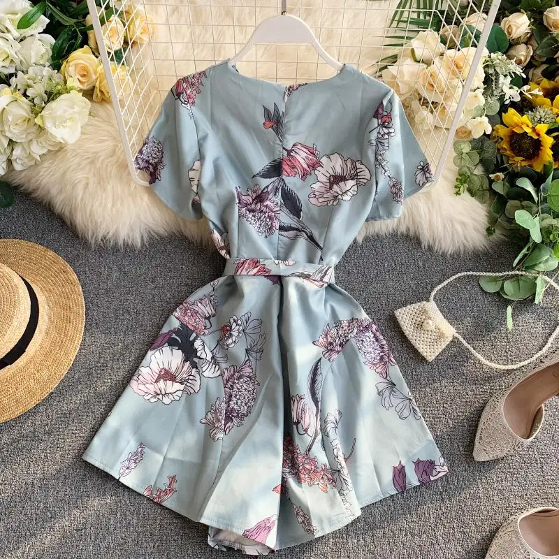 Mono de verano para mujer nuevo estampado Retro coreano pantalones de pierna ancha de una pieza con cuello en V de cintura alta con cordones finos pantalones cortos de pierna ancha LL013