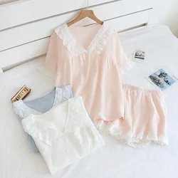 Japanese Summer Ladies New Pajamas Two-piece 100% Cotton Crepe Ins Wind Short-sleeved Shorts Fresh and Thin Home Service Cover
