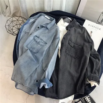 

2020 female new autumn korean style patch pocket berif slim all-match loose denim shirt