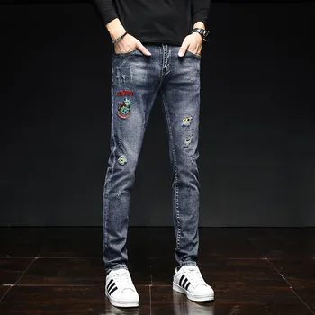 

Jeans Male Qing Popular Wash With Water Hole Teenagers Embroidery Elastic Force Straight Cylinder Cowboy Trousers Chao Male