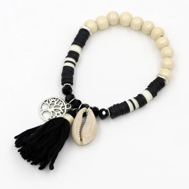 B543a Женский браслет, аксессуары, разноцветный бисер, boho, пара браслетов, деревянные бусины, Fimo Shell, кристалл, ювелирное изделие, очаровательный браслет - Окраска металла: B543a