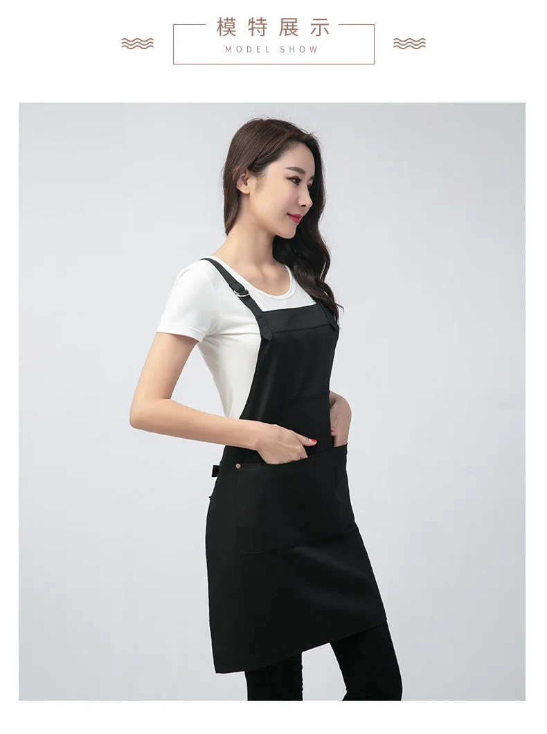 Sleeveless Black And White with Pattern Suspender Strap Apron Anti-Oil Pollution Kitchen Restaurant Work Clothes Cotton Solid Co