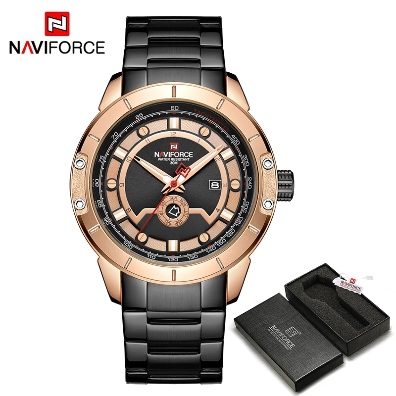 RGB BOX Роскошные брендовые NAVIFORCE мужские золотые часы со стальным ремешком Мужские кварцевые часы спортивные водонепроницаемые наручные часы Relogio Masculino - Цвет: RGB BOX