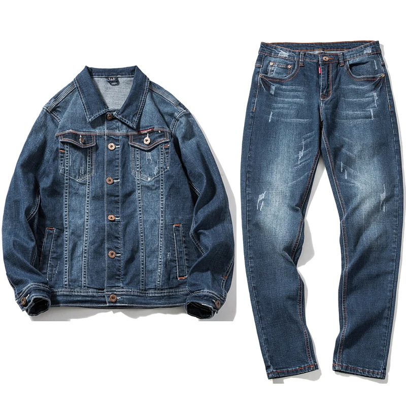 Men Fashion Slim Set 2021 Autumn Casual Sportsuit Blue Single Breasted Denim Jackets+Denim Pant Tracksuit Brand Clothing | Мужская