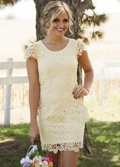 light yellow Vestido para festa de casamento новое из кружева, с вырезом на шее короткий рукав светло-желтое Сексуальное платье подружки невесты с юбкой-годе Короткое свадебное платье для гостей - Цвет: light yellow