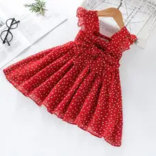 Летнее хлопковое платье в красный горошек с бантом на спине для маленьких девочек милое детское платье принцессы 5 шт./партия