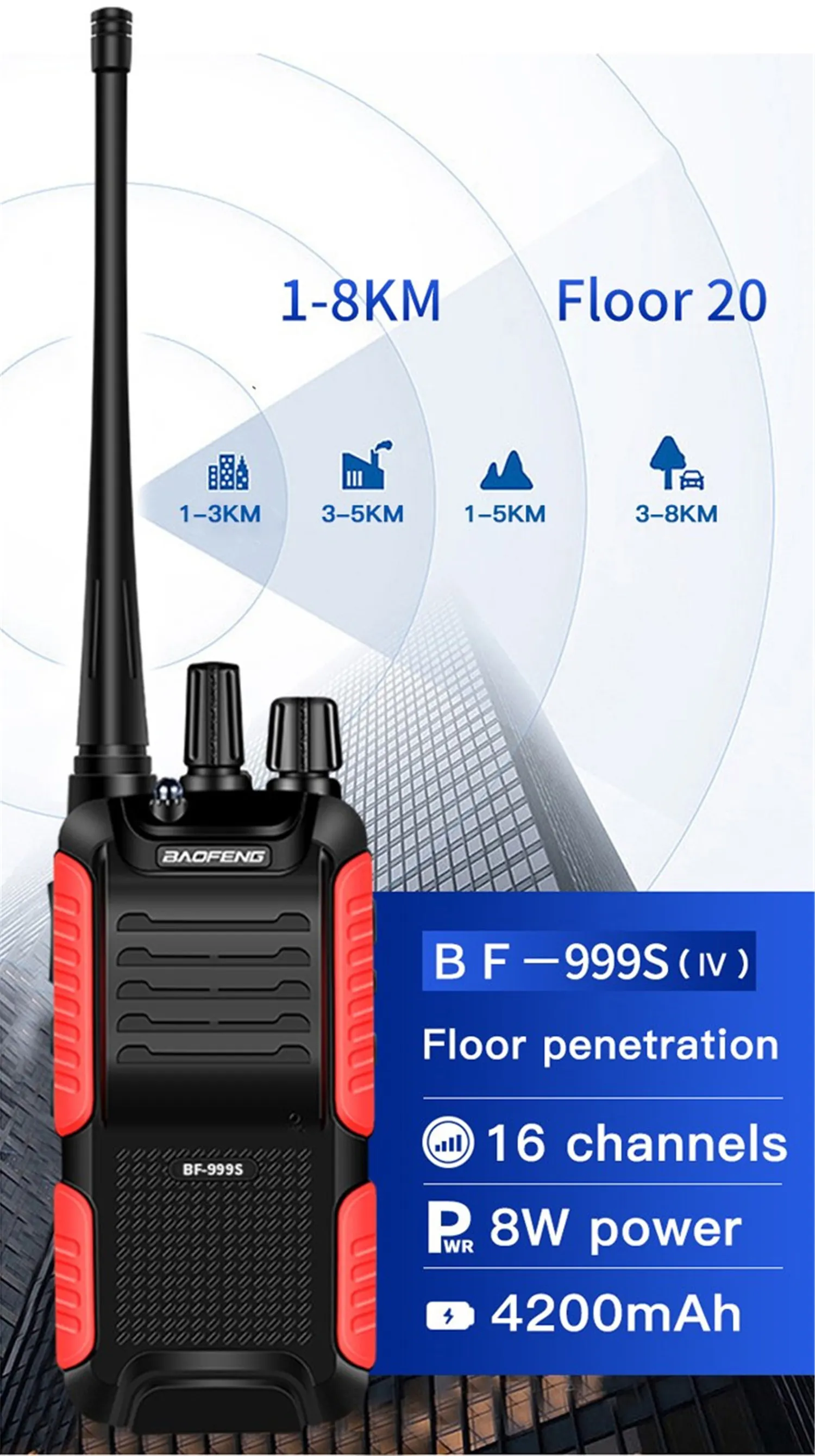 2 шт./лот BF-999S рация Baofeng 8 Вт/5 Вт 4200 мАч трансивер портативный двухстороннее радио обновление BF-888s