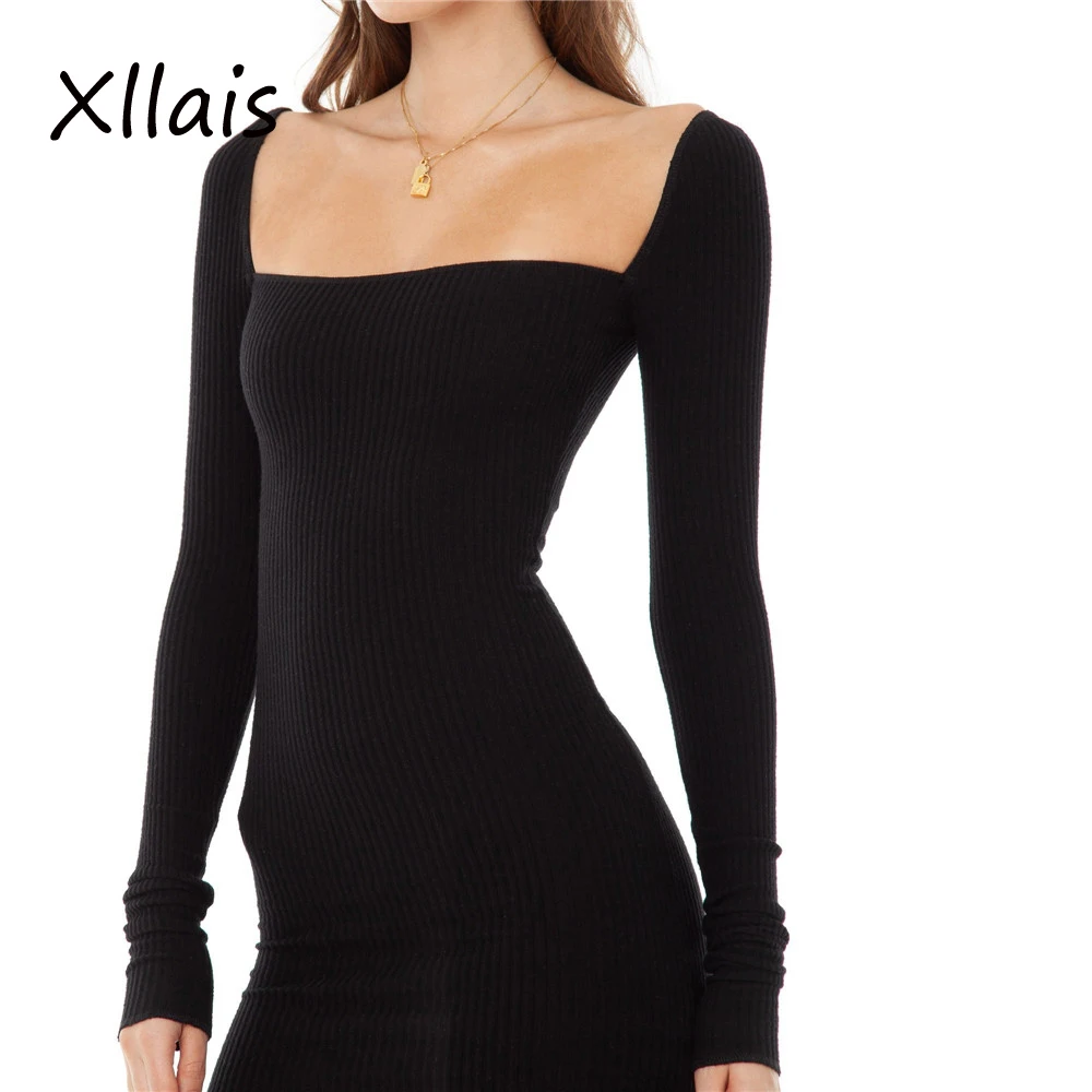 

XLLAIS Women Elegant Sexy Dresses 2019 Female Long Sleeve Black Solid One word collar Open Back Dress