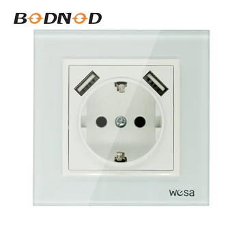 

New Hot Sale Design EU Wall One Socket Ground 5V 2A White Tempered Glass Frame FB-08 Square Wall Socket White