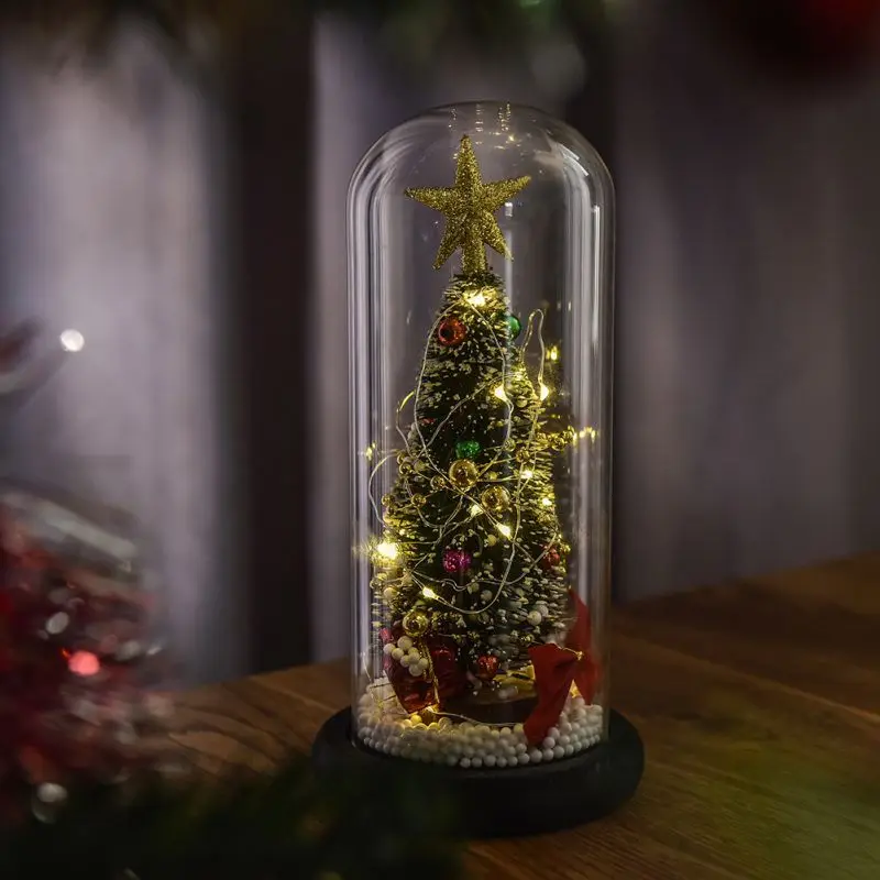 New Artificial Christmas Tree In Glass Dome With LED String Light Xmas Festive Indoor Room Ornaments Christmas Gift