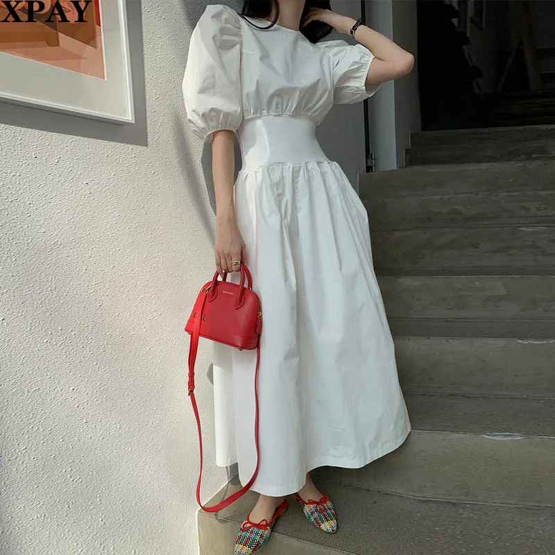 

Elegant A-Line White Dress Women Summer Korean Short Puff Sleeve Party Long Dress Vintage Big Swing Chic Cotton Vestidos Female