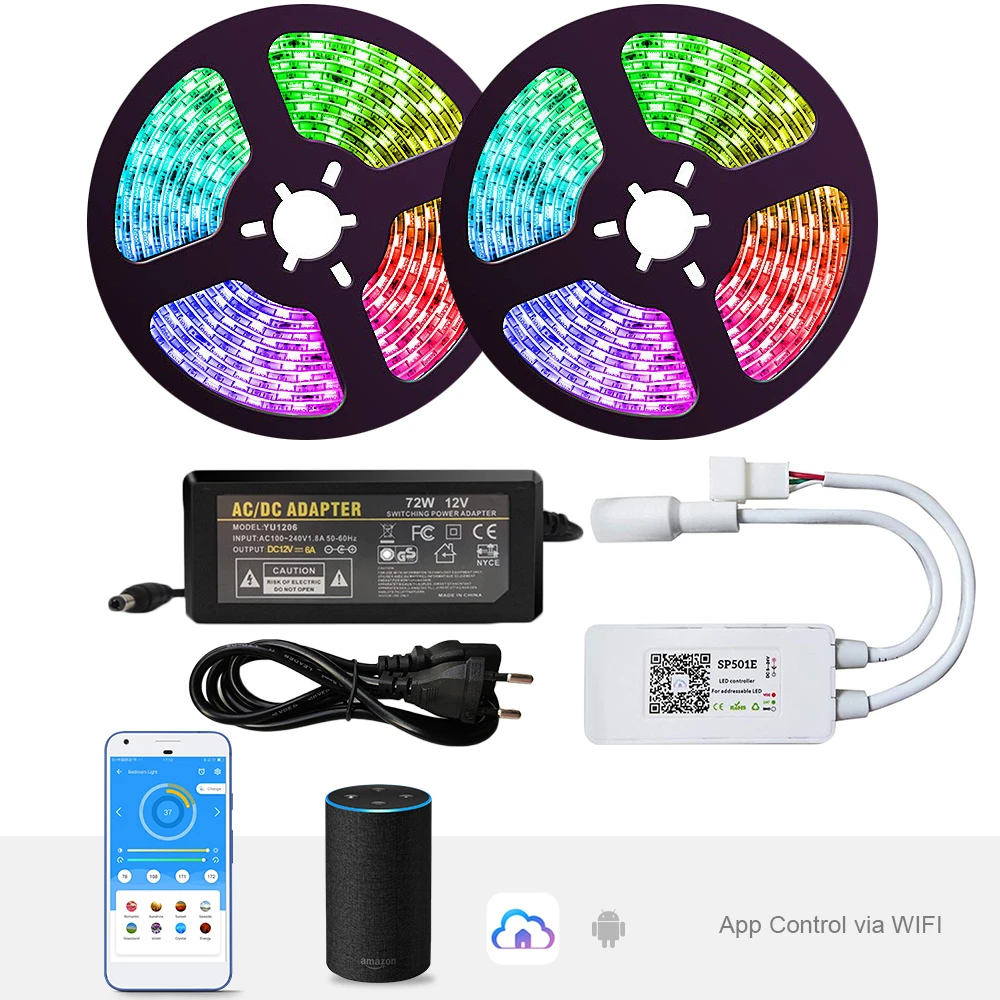 tira de luces led sp501e de 5 20m control por wifi color de sueno ws2811 adaptador de 12v para fiesta amazon alexa app de voz spi inteligente