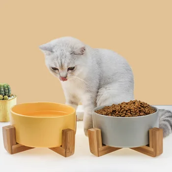 

Pet Bowl Water Feeding Bowl Solid Color Ceramic Cat Bowl Wooden Dog Food Bowl Feeding Water Bowl Household Pet Supplies