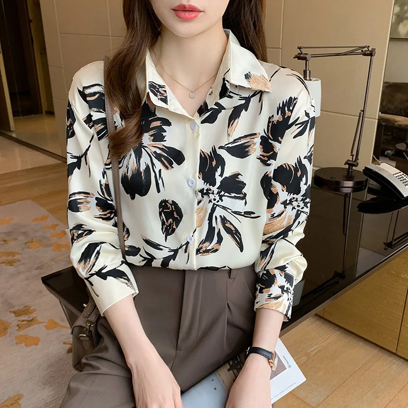 Women's Ink Painting Printing Commuter Professional Top, Long Sleeve Blouses, Early Autumn, New, 2023 casual men s short sleeve business shirt custom logo high quality professional polo shirt embroidery printing brand design s 7xl