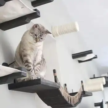 

Roped Cat Bridge Wood Cat Tree Tower House Wall Climbing Tree Wall Sisal Scratching Post Scratcher Cat's paw claw Pet Furniture
