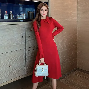 

Graceful Bow Jersey Dress Long Sleeve Short-height 2020 Autumn and Winter Debutante Elegant Retro Coffee Breaks Will Be Provided
