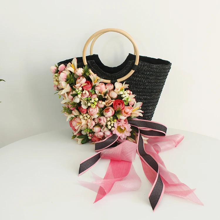 Women Fashion Summer Beach Bag Black Weave Rattan Artificial Flowers Studded Soft Scarves Straw Handbag Hat Suit Holiday Tote