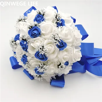 

2018 New Handmade 25cm Artificial Rose Bridal Flower Bouquet Ideas Wedding Church Decor White Blue FL6004
