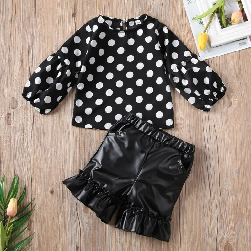 

New Toddler Baby Girl Kid Set Polka-dot Tops Short Leather Pants Clothes 1-6Y Sweet Newborn Baby Girl Kid Outfit Clothes