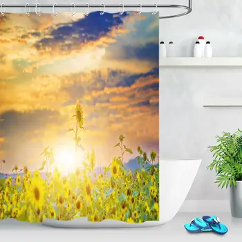

Polyester Fabric Shower Curtain Set Sunset Sunflower Field Bathroom Decor