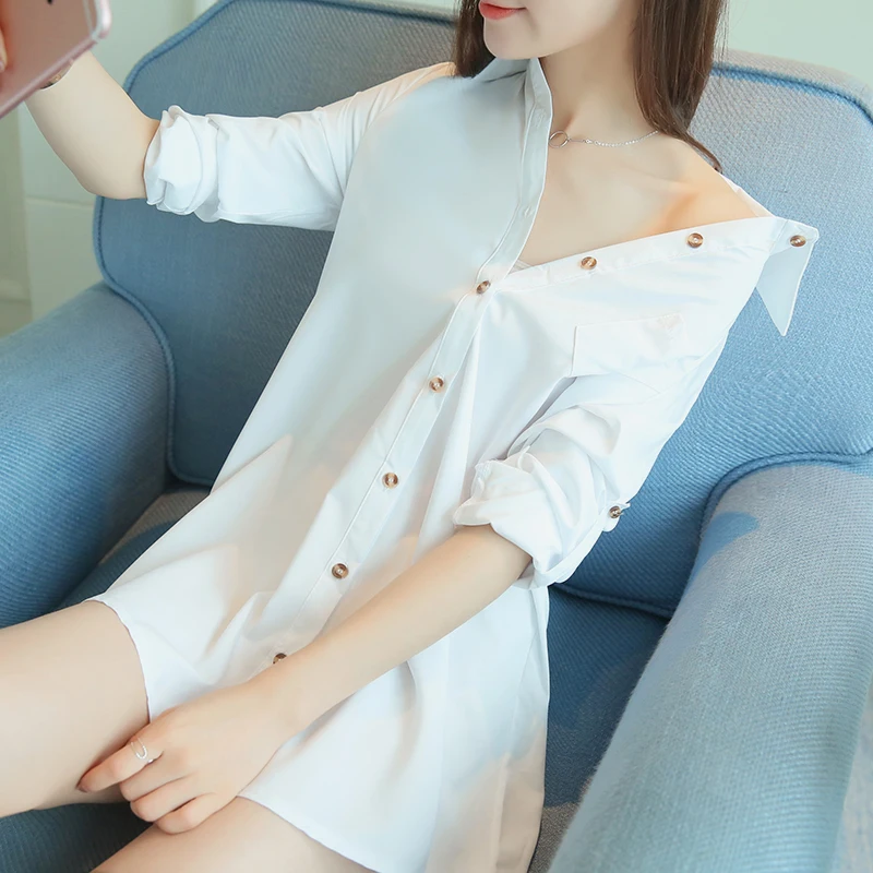 White Shirts 2021 Summer New Button Sexy Long Boyfriend Style Night Club Outwear Cardigans Tops | Женская одежда