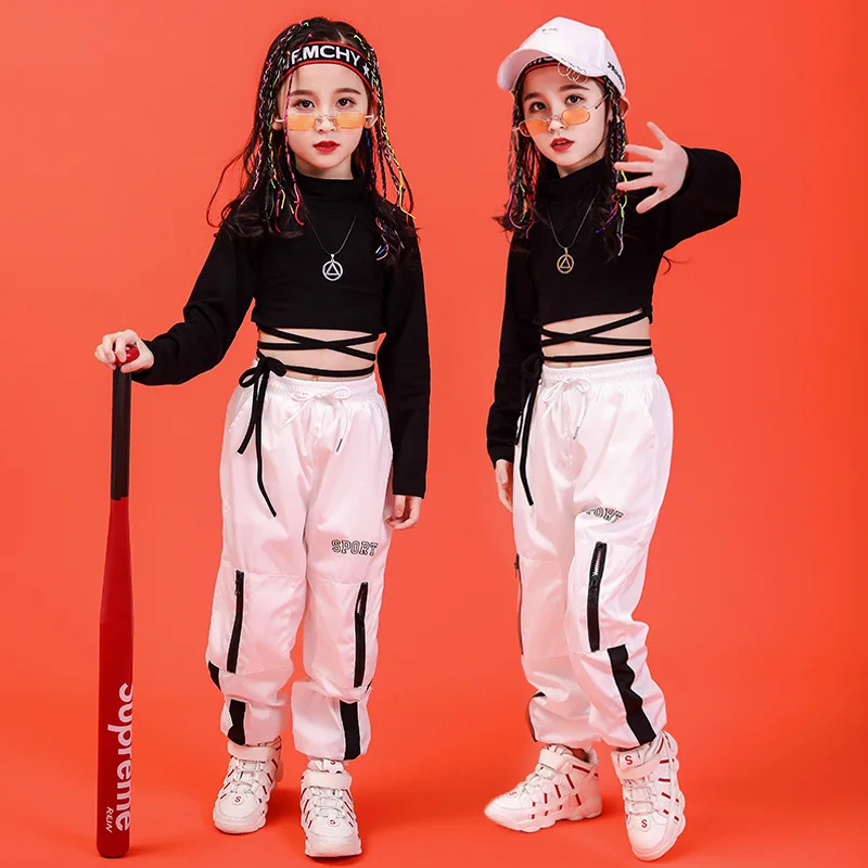 Одежда в стиле хип-хоп Детская толстовка черная рубашка Топ и штаны для девочек, костюм для джазовых танцев Одежда для бальных танцев
