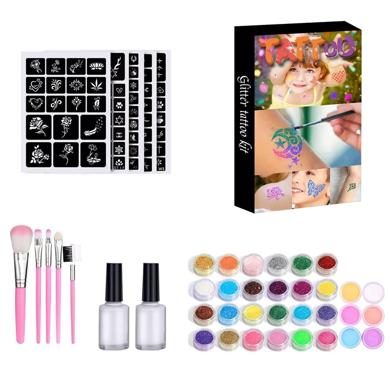 Glitter Tattoo Kits 24 Color 120 Templates Flash Diamond Flash for Temporary Tattoo Set Kids Face Body Painting