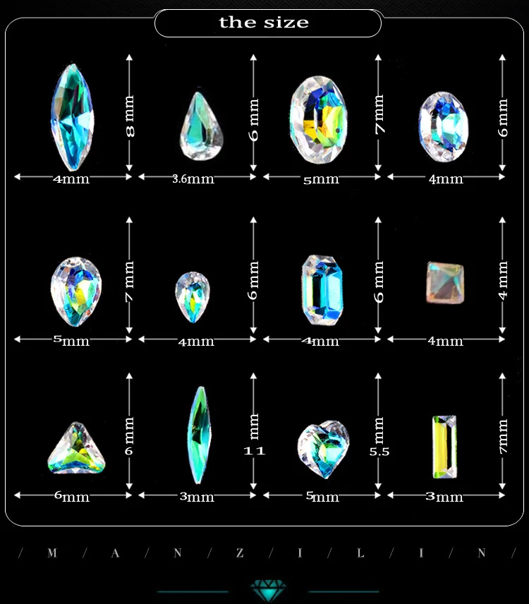 3D дизайн ногтей красочные прозрачные стразы кристалл смешанный размер 4-10 мм женские ногти Советы драгоценный камень украшения ногтей AB камень упаковка в 1 коробке