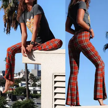 

Vintage Women Plaid Print Stretch Flare Wide Leg CaprisTrouser Bell-Bottom Trousers Ladies Retro Plaid Flare Long Trousers