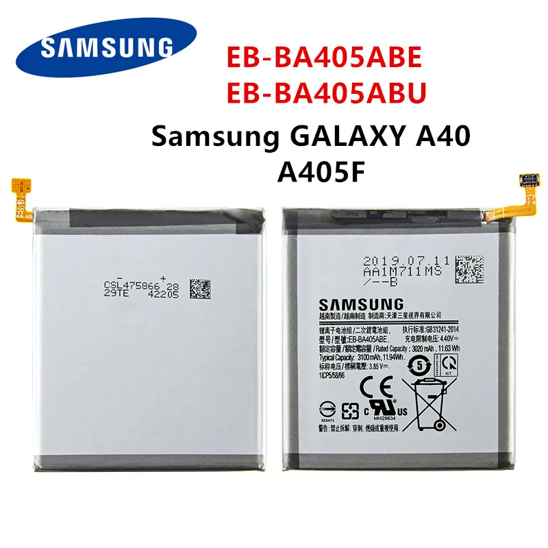 Оригинальный аккумулятор SAMSUNG EB-BA405ABE EB-BA405ABU 3100 мАч для Galaxy A40 2019 SM-A405FM/DS A405FN/DS GH82-19582A