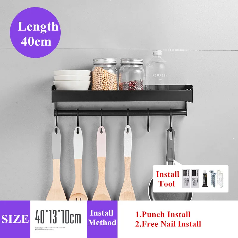 Космическая алюминиевая стойка для кухни, кухонная стойка для столовых приборов, настенная подвесная коробка для хранения приправ и другие Многофункциональные кухонные стойки - Цвет: 40cm(15.74inch)Hook