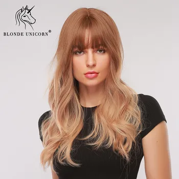 

Blonde Unicorn Medium Long Natural Wavy Ombre Brown Blonde Wig With Bangs For Women Synthetic Hair Daily Wigs Heat Resistant